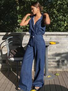 Livesso Women Sleeveless Shirt & Denim Pants Outfit - Dark Wash - View 2