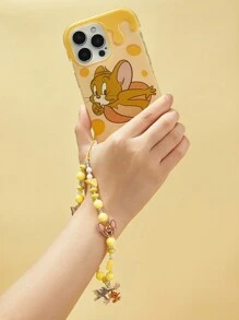 TOM & JERRY X SHEIN 亚克力卡通设计时尚可爱黄色手工心形串珠手机链手机挂绳