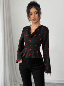Elenzga Flounce Neck Rose Flower Romantic Blouse For Valentine's Day