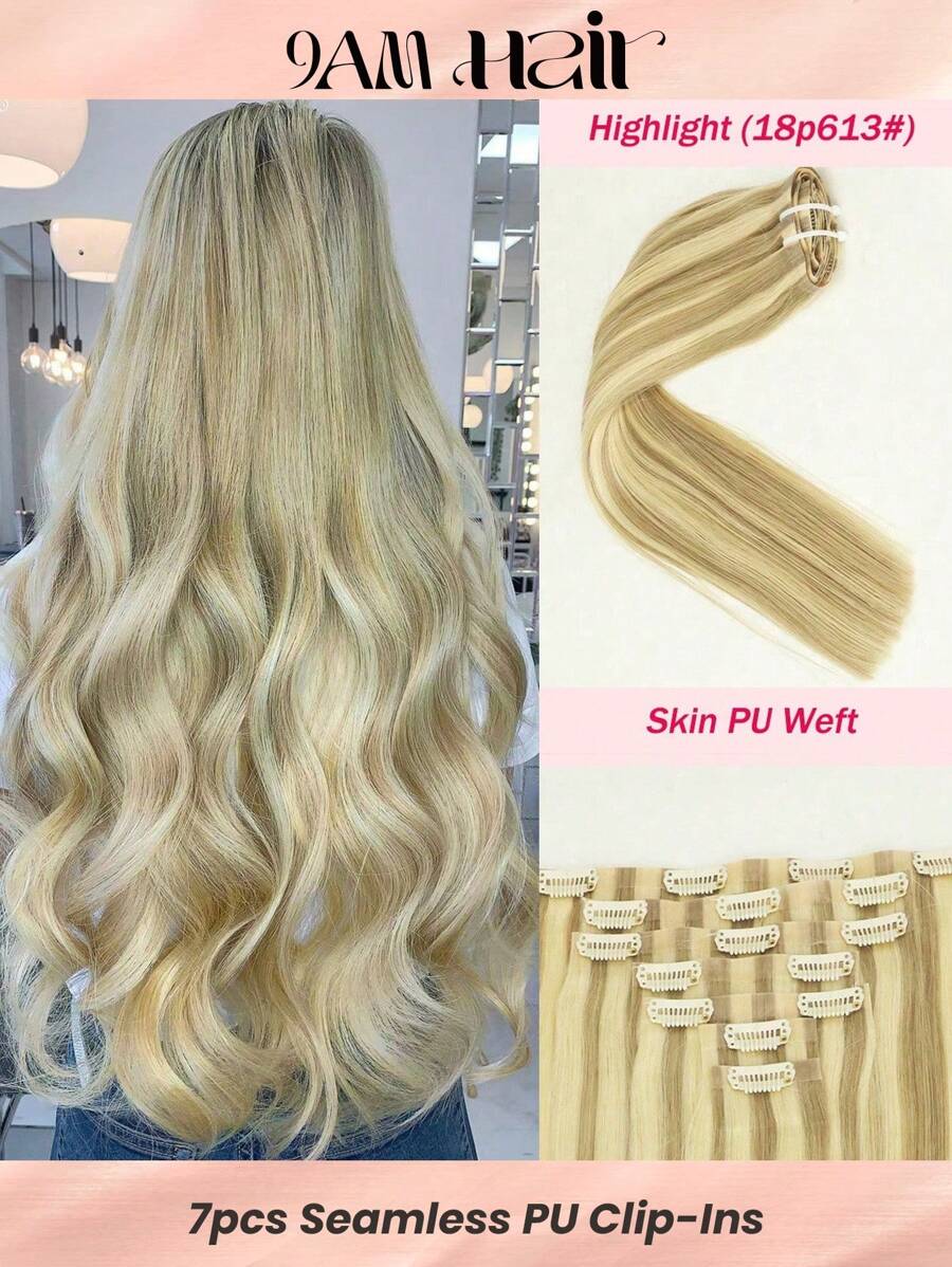 Seamless Clip Ins 115 克丝滑直发灰金色混合浅金色挑染挑染 18/613# PU 无缝 7 件夹式真人发片接发片 - S18/613 - 查看 1