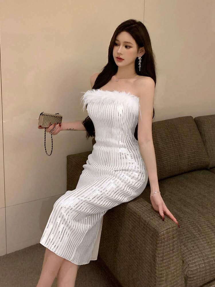 Women's Embellished Furry Patchwork Mid-Calf Cocktail Dress, Spring/Summer Prom Dress Party Women Homecoming Dresses Luxury Sequin Elegant Women Dresses New Year Eve Dress Sparkly Dress