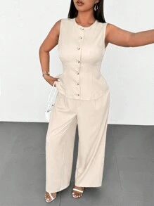 Celure 1 Set Plus Size Women Elegant Sleeveless Round Neck Blouse And Straight Leg Pants, 2 Pieces Set