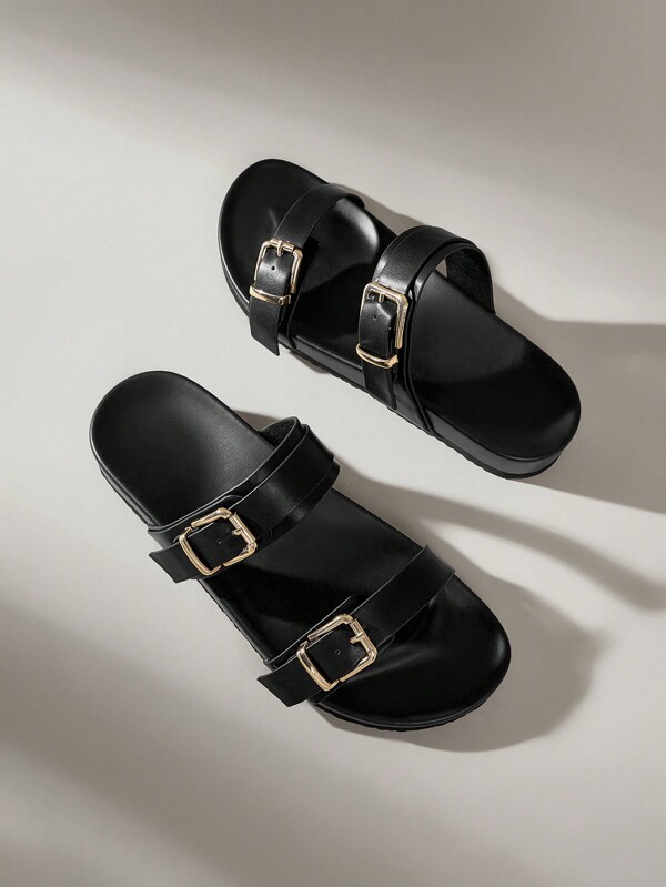 Solecia Casual Black Flat Sandals With Metal Square Buckle, Perfect For Vacation Spring Shoes Spring Break Easter