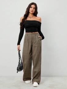 SHEIN Tall Pantalones tipo traje plisados a cuadros de estilo vintage, para otoño e invierno - Marrón - Ver 3