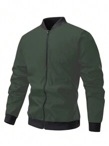 Manfinity Homme Áo khoác nam tay dài đơn giản, họa tiết chắp vá màu trơn, khóa kéo phía trước - màu đen - Xem 1