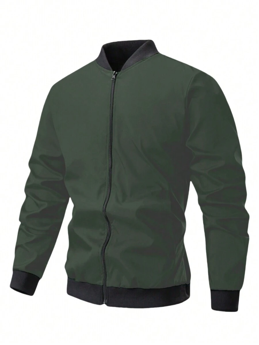 Manfinity Homme Áo khoác nam tay dài đơn giản, họa tiết chắp vá màu trơn, khóa kéo phía trước - màu đen - Xem 1