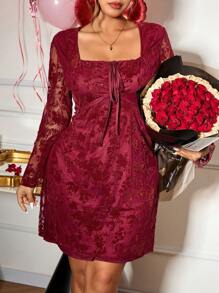 SHEIN Frenchy Váy midi tay loe cổ vuông bó sát màu đỏ Valentine Da YSpring cỡ lớn cho năm mới - Đỏ - Xem 5