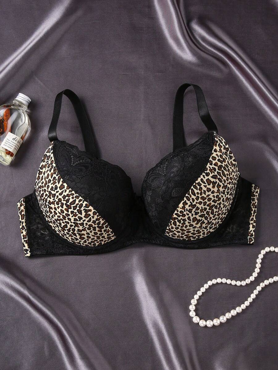 1pc Romantic French Lace Comfortable Minimalist Supportive Plus Size Leopard Print Bra Lingerie - Multicolor - View 1
