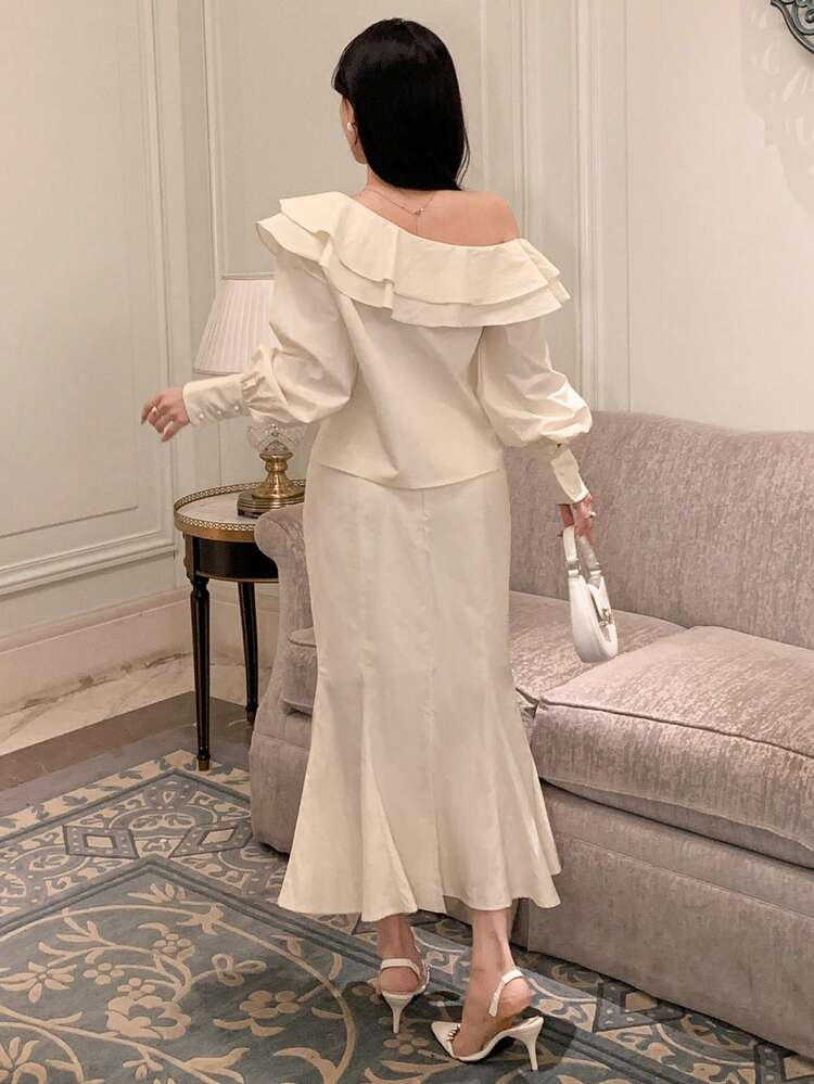 2pcs Set Women Off Shoulder Ruffle Trim Blouse And Fish Tail Hem Skirt,Fall Women Clothes