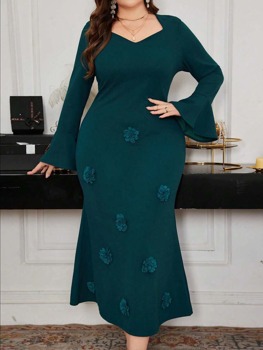 Modelyn Unique Design Elegant Mermaid Floral Dress, Plus Size Fall Cloth For Women - Dark Green - View 1