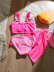 3 件套少女条纹荷叶边比基尼套装带沙滩裙，女孩小女孩泳装套装 - 彩色 - 查看 2