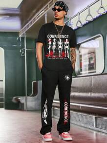 Manfinity Roghcode Men's Casual Skull & Letter Print Short Sleeve T-Shirt And Drawstring Waist Long Pants Set - Black - View 3