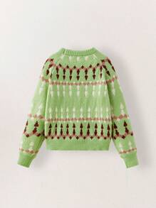 SHEIN Tween Boy Geometric Pattern Round Neck Raglan Sleeve Casual Sweater, Autumn/Winter - Beige - View 2