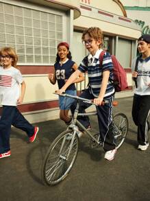 SHEIN Explorewe 2pcs Casual Street Teenager Girls Loose Fit National Flag Print Round Neck T-Shirt And Wide Leg Pants Set, Summer New Arrival - Multicolor - View 4