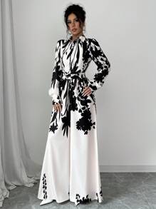 Selianne Long Sleeve Collared Waist Tie Up Floral Printed Women Jumpsuit Fall Cloth For Women - Multicolor - View 5