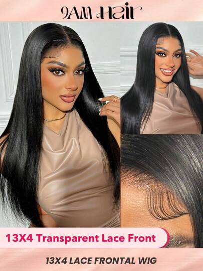 Transparent Lace Straight 13*4 Lace Frontal Wigs 180% Density 14-28 Inch #1B Natural Black Color Pre-Plucked Natural Hairline Lace Remy Hair Human Hair Top Quality Wig For Women