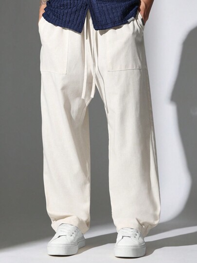 SUMWON Premium Loose Fit Drawstring Pants Casual Linen Look Trousers Wide Leg Comfort Lounge Pants With Side Pockets For Spring Summer Office Wear
