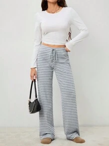 SHEIN Tall Women's Low Waist Striped Brushed Drawstring Yoga Loose Pants For Home - Grey - View 5