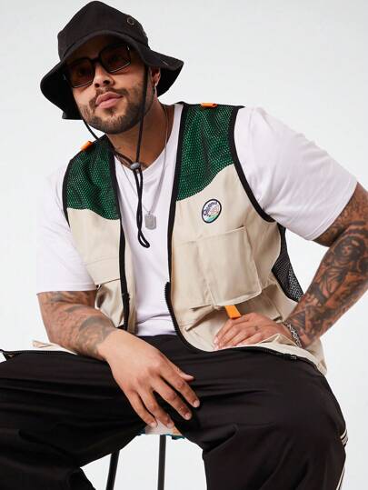 Manfinity VCAY Plus Size Men's Casual Woven Mesh Unembroidered Apricot Vest, For Fall Winter