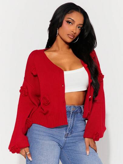 SHEIN SXY Women Romantic 3D Rose V-Neck Long Sleeve Red Cardigan, Comfortable Casual For Going Out, Date, Valentine's Day, Autumn/Winter & Early Spring