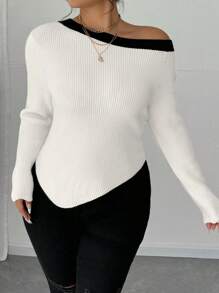 Celure Plus Size Dames Zwart & Wit Tweekleurige Asymmetrische Kraag Getailleerde Pullover Trui, Herfst/Winter