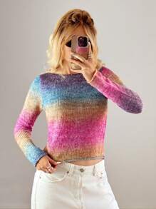 Forever 21 New Arrival Autumn/Winter Round Neck Fitted Cropped Long Sleeve Unique Multi-Color Striped Knitted Sweater - Multicolor - View 3