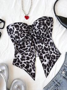 Soleia Women's Leopard Print Tube Top With Front Slit, Kink,Comfortable Ice Silk Vacation Blouse,New Years Women,Birthday Top For Women, Western Wear Women,Holiday Party Top