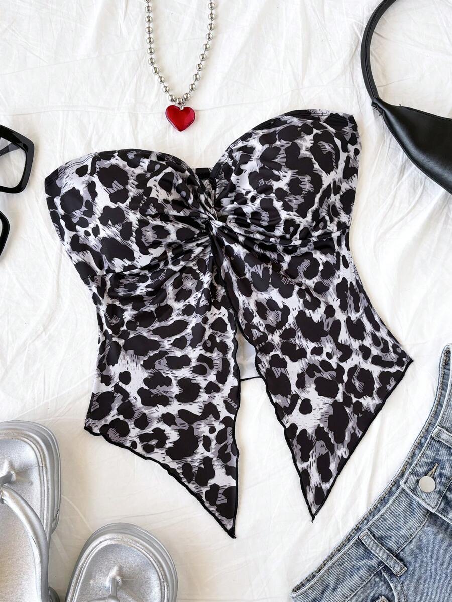 Soleia Women's Leopard Print Tube Top With Front Slit, Kink,Comfortable Ice Silk Vacation Blouse,New Years Women,Birthday Top For Women, Western Wear Women,Holiday Party Top