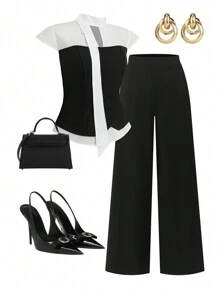 SHEIN Clasi 2pcs/Set Women Casual Contrast Color Cap Sleeve Shirt & Wide Leg Pants - Black and White - View 1