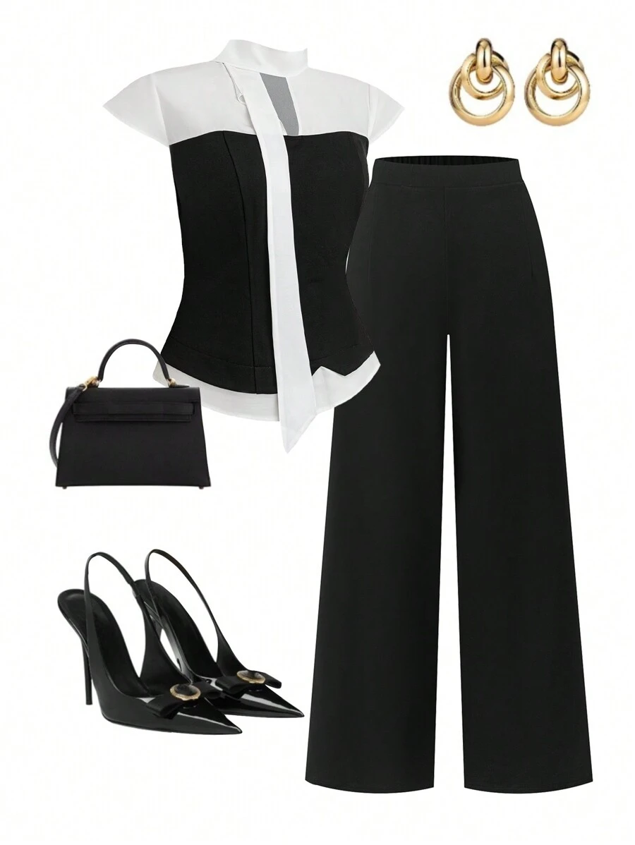 SHEIN Clasi 2pcs/Set Women Casual Contrast Color Cap Sleeve Shirt & Wide Leg Pants - Black and White - View 1
