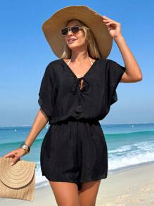 Swim Vcay Summer Outfits For Women 1pc Women's Leisure Vacation V-Neck Tie-Up Elasticated Waist Jumpsuit Romper Summer