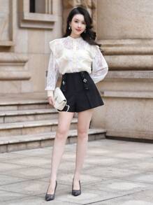 DAZY Blusa de mujer con cuello de volantes de encaje y parches, prenda de vestir de mujer de manga larga para otoño - Albaricoque - Ver 3