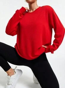 Easithlete Women's Solid Color Round Neck Long Sleeve Casual Sporty Sweatshirt
