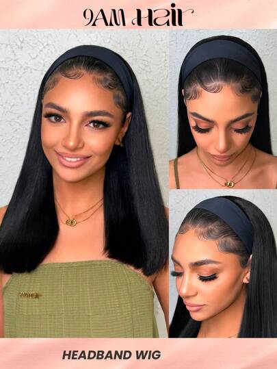 Bob Short Straight Headband Human Hair Wigs for Women,Easy Wear and Go 150%-180% Density None Front Lace Brazilian Human Hair 10-14 Inch Natural Color