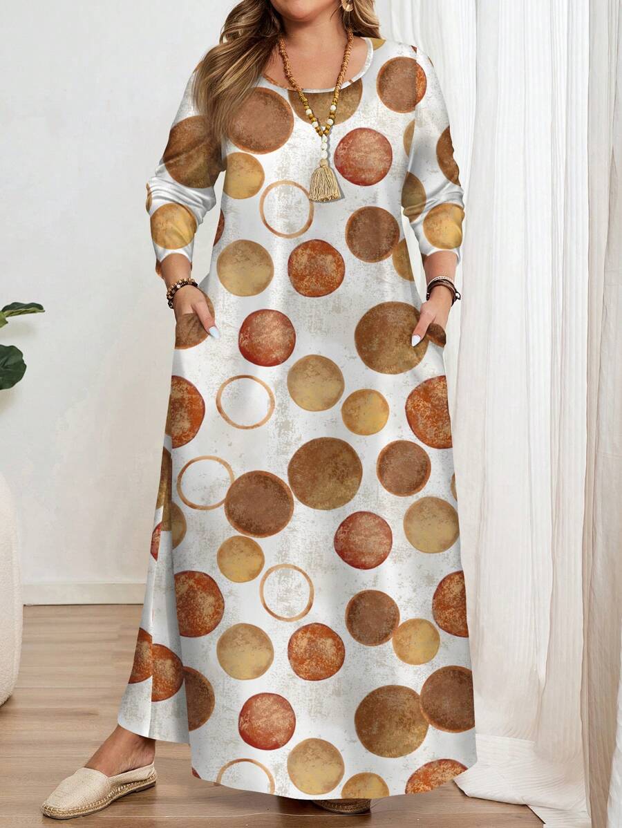 EMERY ROSE Plus Size Minimalist All-Over Print Long Sleeve Round Neck Casual Dress, Suitable For Autumn/Winter - Multicolor - View 1