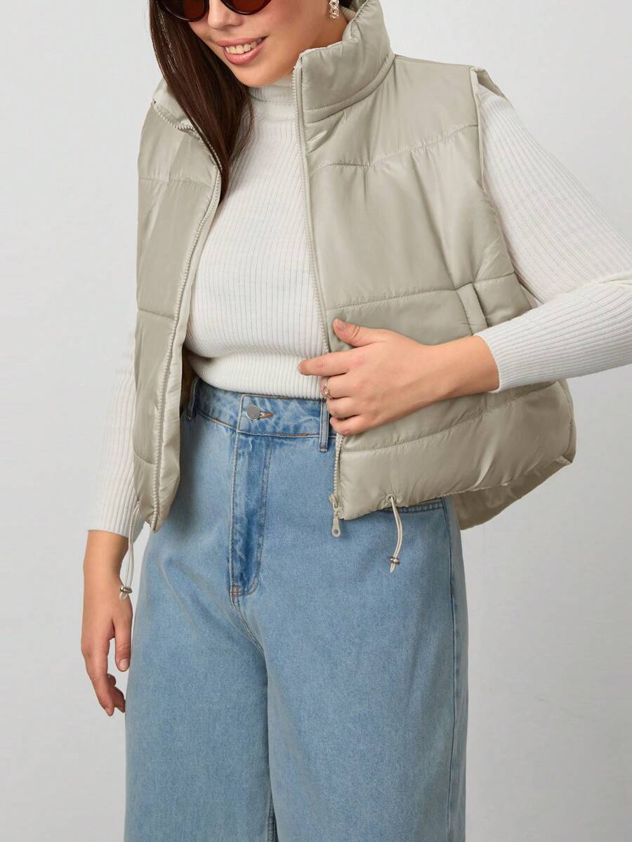 RueChic Plus Long Back Sleeveless Puffer Vest Padded Coat, For Winter - Beige - View 1