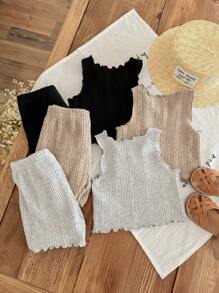 SHEIN LMoss Kids LMoss 女婴 6 件套可爱简约针织纯色无袖波浪下摆上衣和短裤套装