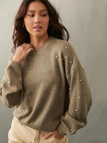 WESTFADE Western Faux Pearl Embellished Crewneck Relaxed Fit Long Sleeve Sweater, Fall, Autumn, Casual, Back To School, Female Country Look, Winter Clothes - Apricot - View 3