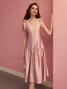 MOTF PREMIUM V-NECK BOW SHOULDER MIDI DRESS FOR WOMEN,VALENTINE'S DAY OUTFIT,SPRING/SUMMER - Pink - View 4