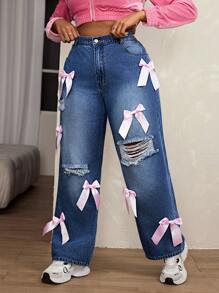 SHEIN SXY Quần Jeans Mẹ Cỡ Lớn Có Nơ Hồng & Chi Tiết Cằn Cỗi - Rửa nhẹ - Xem 6