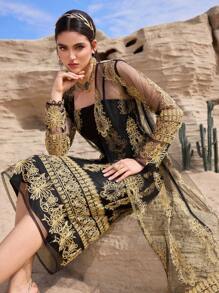 Al Najma 女士花卉网眼长袖长袍和连衣裙阿拉伯服装套装 - 黑色 - 查看 3