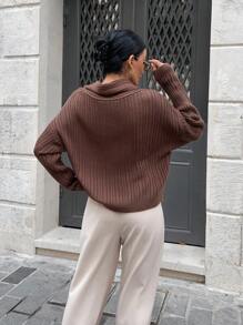 EURMUSE Women Cool Elegant Casual Drop Shoulder Oversize Brown Rib Soft Sweater - Brown - View 2