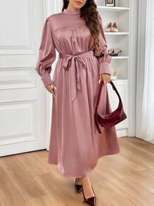 SHEIN Frenchy Plus Size Elegant Modest Dresses Solid Color Cinched Waist Long Dress, Casual - Dusty Pink - View 4