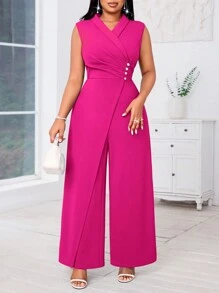 SHEIN Lady Mono sin mangas de pierna ancha azul de talla grande con cuello cruzado y decoración de perlas, conjunto de ropa para mujer para conciertos, mono de mujer para todas las estaciones