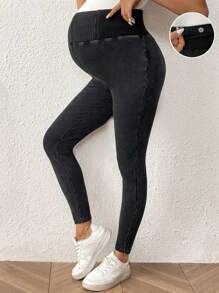 SHEIN Pregnant Women Plain Simple Fitted Casual Pants, For Everyday Wear - Black - View 1