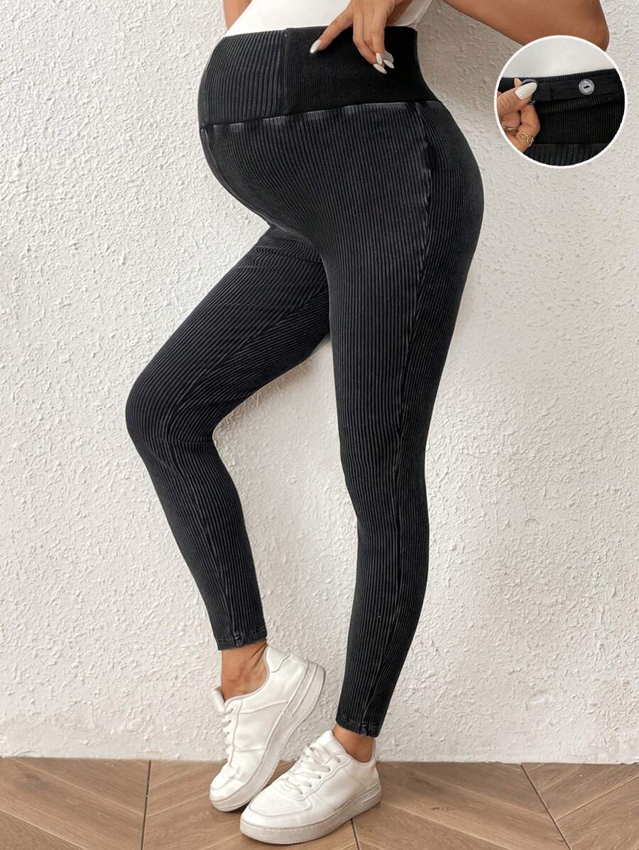 SHEIN Pregnant Women Plain Simple Fitted Casual Pants, For Everyday Wear - Black - View 1