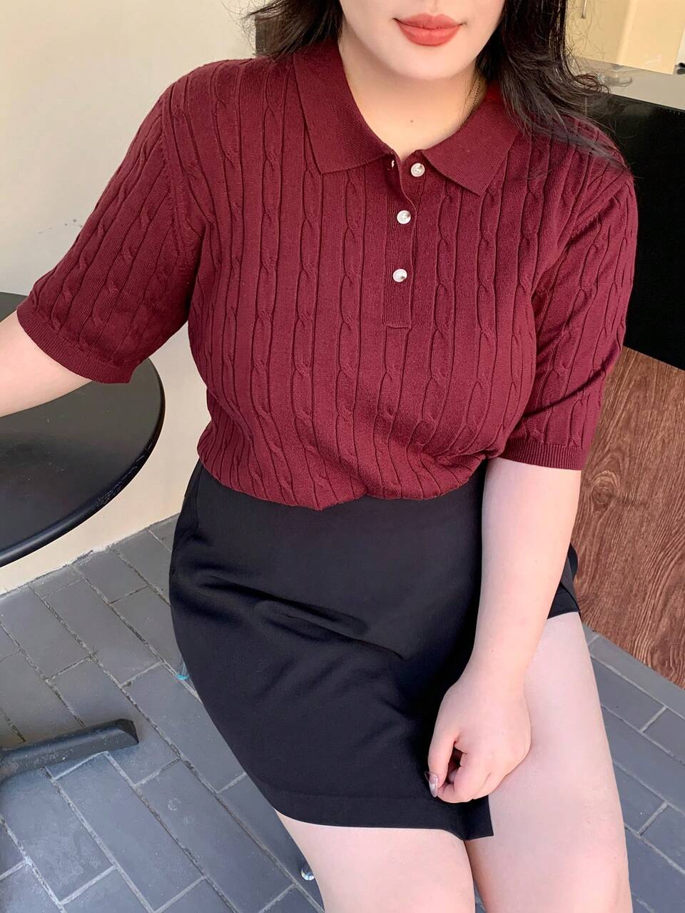 Dazy Plus Christmas Plus Size Chinese New Year - Fitted Burgundy Color Ribbed Polo Collar Short Sleeve Knit Top, Spring/Summer