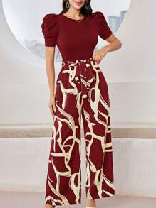 Modelyn 女士纯色圆领短袖上衣和长裤休闲两件套 - 酒紅色 - 查看 1