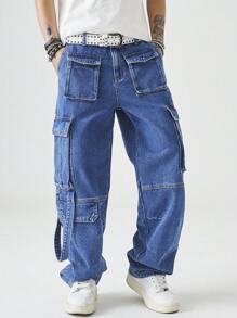 Chillumni Men's Simple Loose Multi-Pocket Casual Jeans, For Daily Wear - Medium Wash - View 5