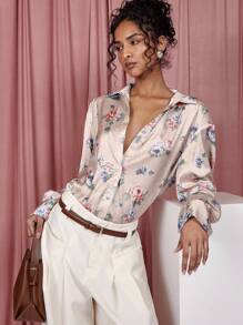 COSMINA Women's Floral Print Long Sleeve Single-Breasted Casual Shirt